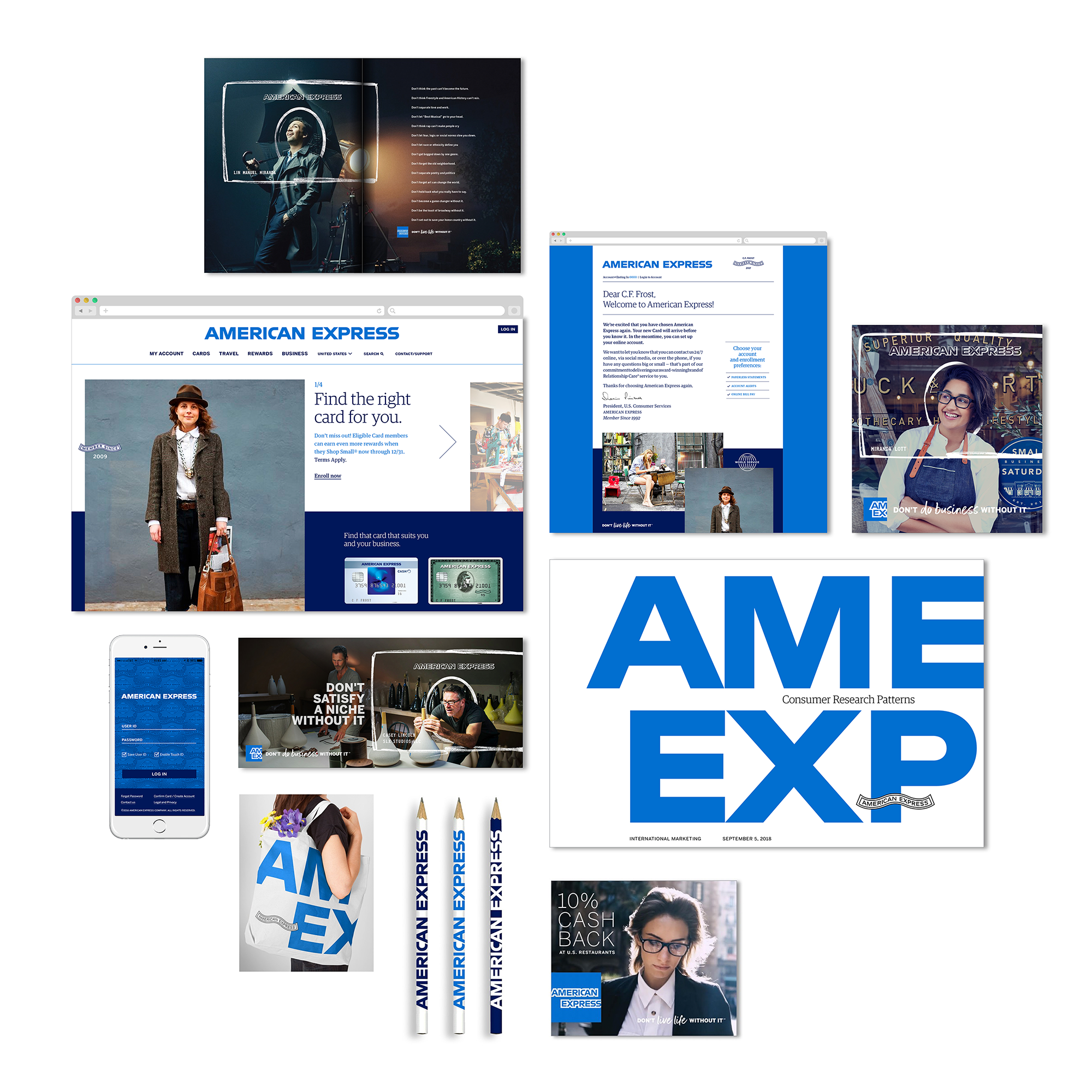 American Express identity applied across digital, print and customer communications