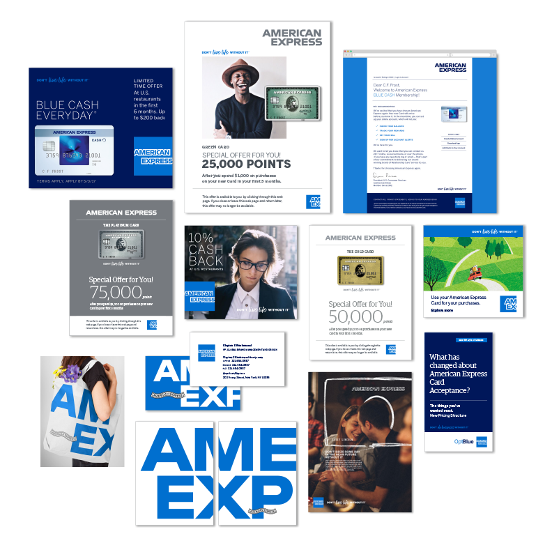 American Express identity applied across digital, print and customer communications