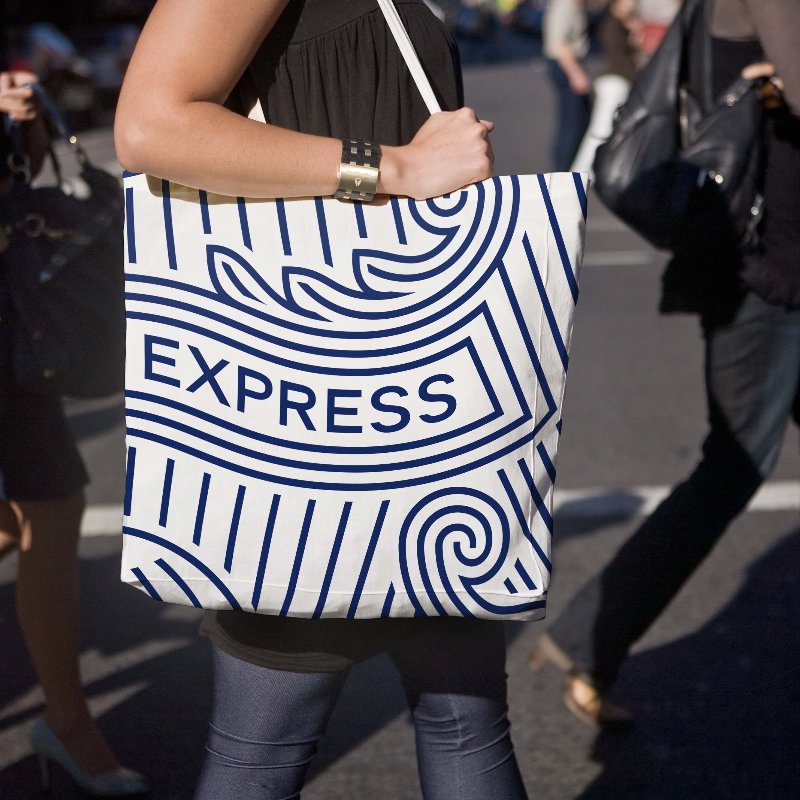 American Express visual identity applied to a tote bag