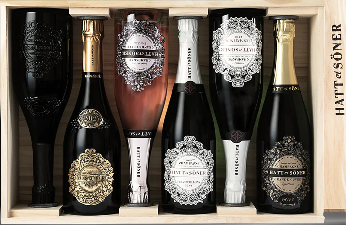 Hatt et Söner Champagne collection presented in a wooden case